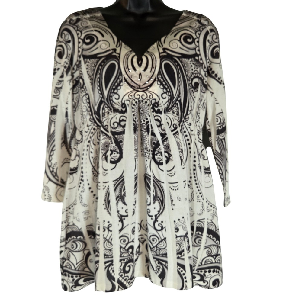 One World Tunic Top Paisley Print Embellished BOHO‎ V Neck 3/4 Sleeve Size L
